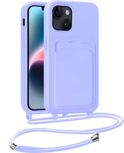 Hoesje Geschikt voor iPhone 13 Telefoonhoesje Met Koord Case Pashouder Siliconen - Hoes Geschikt voor iPhone 13 Hoesje Met Kaarthouder - Lila