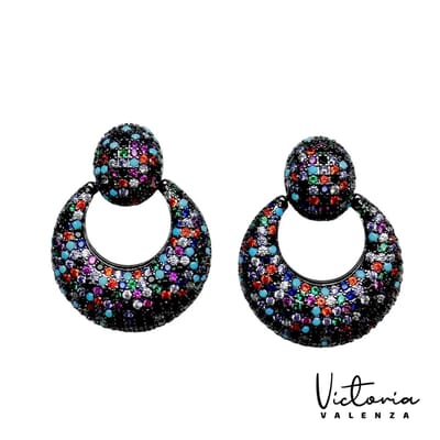 Victoria Valenza Saint-Tropez Luxe Oorbellen Dames Messing Oorhangers Dames Oorringen - Meerkleurige Steen - Kleur Zwart - 1 Paar
