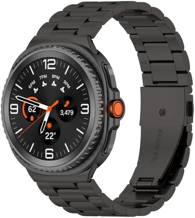 DrPhone Elite No-Gap RVS Horlogeband – Metalen Drie-Link Armband voor Samsung Watch 8 / 8 Classic 40mm/44mm/46mm - Premium Roestvrij Staal Polsband – Zwart