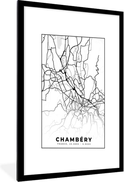 Fotolijst incl. Poster Zwart Wit- Kaart - Stadskaart - Frankrijk - Chambéry - Plattegrond - Zwart wit - 60x90 cm - Posterlijst