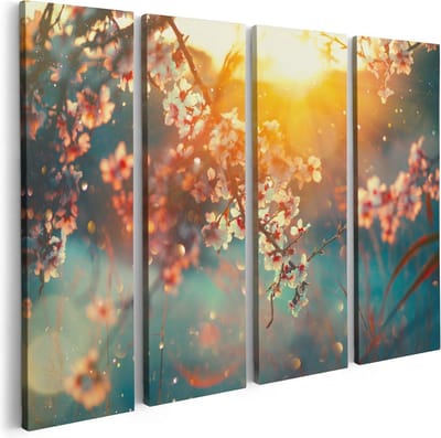 Artaza Canvas Schilderij Vierluik Bloesemboom Tijdens Zonsondergang - Bloem - 80x60 cm - Wanddecoratie Woonkamer - Schilderijen - Muurdecoratie