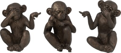 J-Line figuur Aap Horen/Zien/Zwijgen - polyresin - bruin - small - 3 stuks