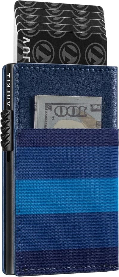Slimme RFID-beschermde Kaarthouder voor Mannen en Vrouwen - Minimalistisch Bifold Ontwerp met Magnetische Sluiting en Blauw Gestreept Patroon