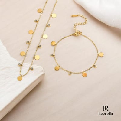 Leerella Goudkleurige Ketting en Armband Set met Zirconia | Roestvrij Staal Dames Sieraden | 39+5 cm Ketting & 16+5 cm Armband | Verstelbaar & Roestbestendig