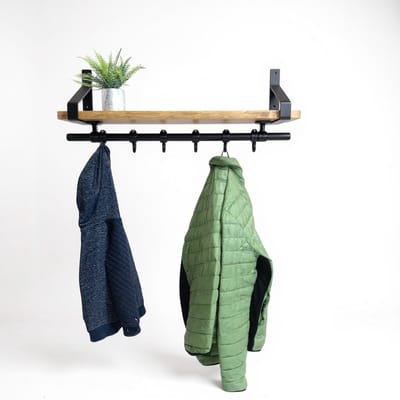 Design85 Wandkapstok met hout Fors 80 cm breed 6 Haken legplank met bruine Wax