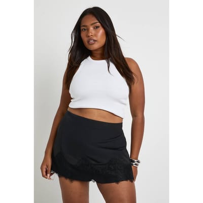 boohoo Dames Plus crepe minirok met kantenafwerking | Black | Maat: 16