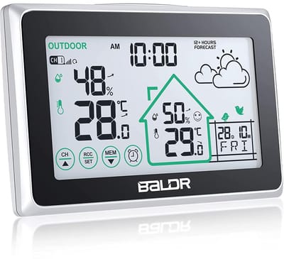 Draadloos weerstation met buitensensor en digitale DCF-radioklok - Binnen- en buitentemperatuur, hygrometer en weersvoorspelling