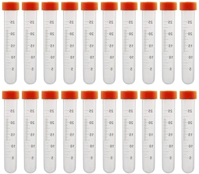 Set van 20 Plastic Proefbuizen met Schroefdoppen voor Laboratoriumexperimenten, Oranje, Ronde Bodem, Geschikt voor Centrifuges