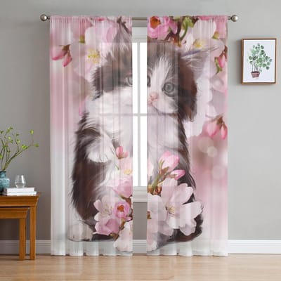 Huisdier Kat Schattige Roze Bloemen Transparante Gordijnen voor Woonkamer Decoratie Raamgordijnen voor Keuken Tule Voile Organza Gordijnen W135 x H160cm x1