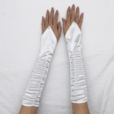 Mode Femme Satin Plissé Perles Chaudes Crochet Doigt Gants Longs Mariage Nuptiale Soirée Bal Élégant Gants Sans Doigts One Size