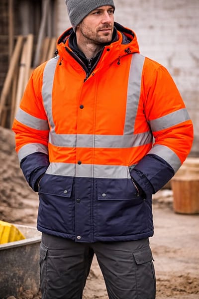 High Visibility Satexo Werkparka Oxford – 2-in-1 Parka met Uitritsbare Binnenjas – Waterdicht – Reflecterend – Oranje/Marineblauw