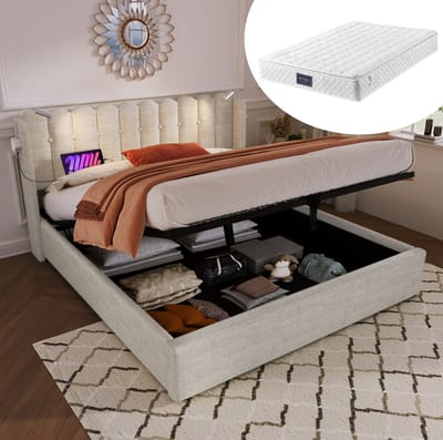 MEUNIQ tweepersoons bed 140x200 met opbergruimte, leeslampen, 2 USB-poorten en lattenbodem, gestoffeerd bedframe voor slaapkamer, beige