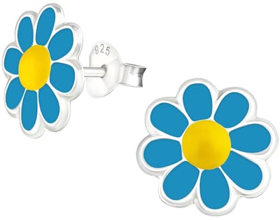 Joy|S - Zilveren Madelief bloem oorbellen - 10 mm - blauw geel