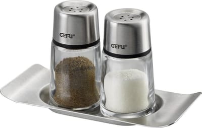 GEFU BRUNCH Zout- en Peperstrooierset – Glazen Strooiers met RVS Onderzetter – Vaatwasserbestendig
