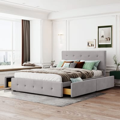 MODENUIT Gestoffeerd bed 140x200 cm – Tweepersoonsbed met lattenbodem – 4 opberglades – Zonder matras – Fluweellook – Grijs