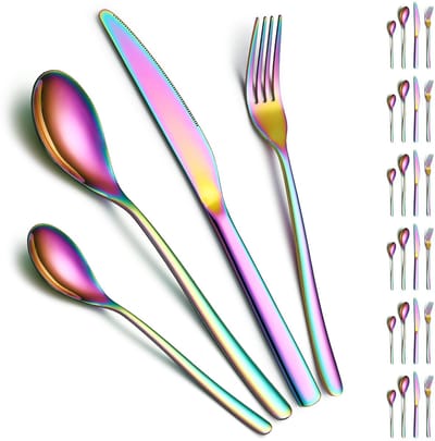 MTTproducts- Bestekset 24 Delig - Service voor 6 Personen - Roestvrij Staal met Titanium Coating - Vaatwasmachinebestendig - Inclusief Messen/Vorken/Lepels - Verfijnde Tafelsetting - Eetgerei