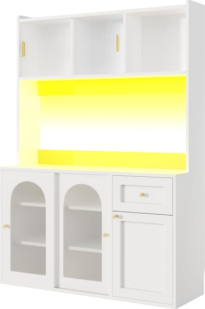 Hoge Vitrinekast / Opbergkast 167 cm - Met APP-Gestuurde RGB LED Verlichting - Witte Glazen Schuifdeuren & Anti-Kip Beveiliging