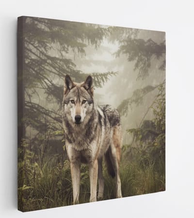 Saammp Canvas Schilderij - Wolf tussen de bomen - Dieren - Natuur - 20x20 - Foto op canvas - Wanddecoratie - muurdecoratie Woonkamer - Slaapkamer decoratie - Canvas Print