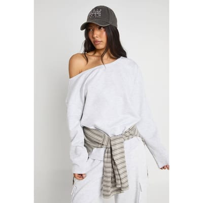 boohoo Dames Lang Interlock Off-shoulder Sweatshirt | Ash Grey | Maat: XS