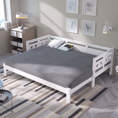 OKWISH Slaapbank 98-187x196 cm - Gestoffeerd Daybett Met Hartvormig Ontwerp - Zeer Comfortabel Logeerbed - Praktisch En Stijlvol - Grenenhout - Wit