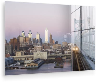 ® Glasschilderij 180x120 cm - Schilderij acrylglas - Philadelphia - Brug - Water - Foto op glas - Muurdecoratie woonkamer - Wanddecoratie slaapkamer - Schilderijen
