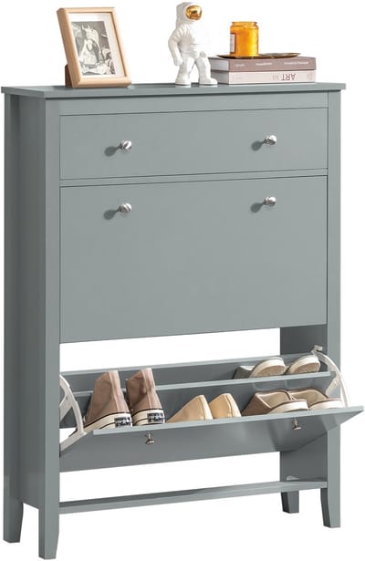 SoBuy Schoenenkast met 2 Kleppen, Entreekast met Grote Lade, Schoenenrek, Schoenenopbergdoos, Grijs, 80x25x108 cm - FSR89-HG