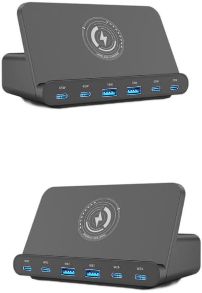 DrPhone 160W USB HUB 6 in 1 Laadstation – Snellader met 15W Draadloos Opladen – 4x USB-C & 2x USB-A + Houder - Ondersteunt o.a PD3.0, PPS, SCP, FCP, AFC – Geschikt voor Smartphones/ Laptops & Tablets