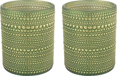 Countryfield Luxe theelichthouder - 2x stuks - Aurora - glas - olijfgroen/goud - D8 x H10 cm