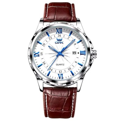 OPK Herenhorloge - Leren Band - Polshorloge - Heren - Horloge - Horlogedoos - Mannen - Blauw & Wit- Polsband Bruin - Horlogedoos