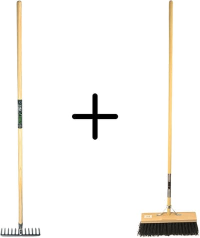 Synx Tools Tuinhark 8 Tanden verzinkt + Nylon Straatbezem Zwart 40 cm – Kunststof haren - Bodembewerkers - Onkruidverwijderaar – Schrobborstels – Hark met steel 150 cm – Buitenbezem met steel 150 cm