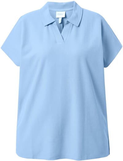 Ulla Popken - Dames - Poloshirt oversized polokraag halve mouw biologisch katoen - Duifblauw - Maat 54+