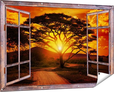 Gards Tuinposter Doorkijk Zonsondergang Achter een Savanne Boom - 150x100 cm - Tuindoek - Tuindecoratie - Wanddecoratie buiten - Tuinschilderij