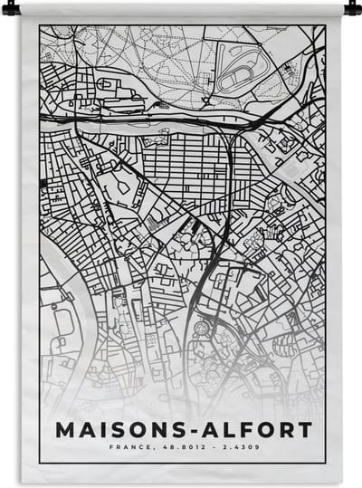 Wandkleed - Wanddoek - Stadskaart - Plattegrond - Maisons-Alfort - Kaart - Frankrijk - Zwart wit - 120x180 cm - Wandtapijt