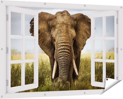 Gards Tuinposter Doorkijk Olifant in het Wild - Kleur - 150x100 cm - Tuindoek - Tuindecoratie - Wanddecoratie buiten - Tuinschilderij