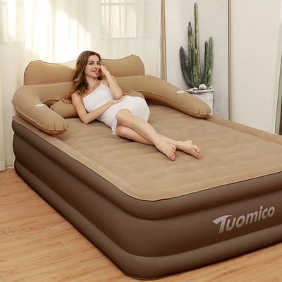 RosaBloom luxe 2-persoons opblaasbaar matras met rugleuning - 203x152x48 cm - Premium opblaasbaar bed - Inclusief elektrische pomp en kussens - Bruin