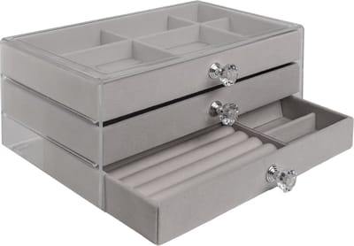 Intirilife sieradendoos met 3 lades in grijs - 23,5 x 15 x 10,5 cm - Sieradendoos voor ringen armbanden oorbellen kettingen opbergdoos organizer sieradenzakje