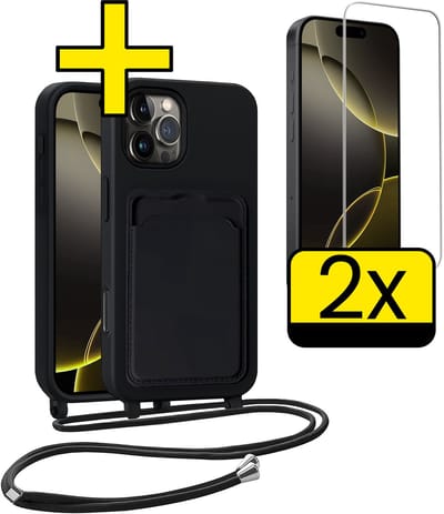 Hoesje Geschikt voor iPhone 16 Pro Telefoonhoesje Met Koord Case Pashouder Met 2x Screenprotector Siliconen - Hoes Geschikt voor iPhone 16 Pro Hoesje Met Kaarthouder - Zwart