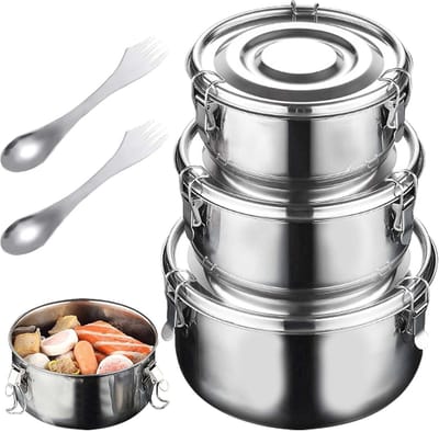 SnelShoppen - 3-delige RVS Lunchbox met Deksel, Lekvrije Ronde Metalen Lunchbox met Lepel, Perfect voor Koelkast, Kampeeruitjes, Salades (500ml/1000ml