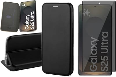 Hoesje geschikt voor Samsung Galaxy S25 Ultra - Privacy Screenprotector Volledig Dekkend Glas - Wallet Book Case Zwart