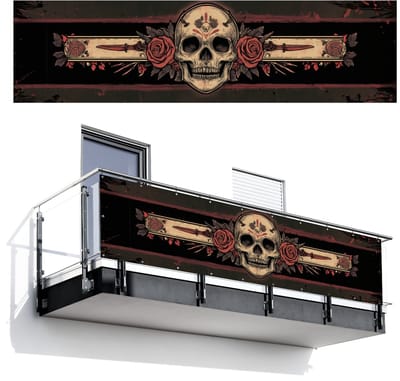 Balkonscherm 300x80 cm - Balkonposter Schedel - Rozen - Gotisch - Balkon scherm decoratie - Balkonschermen - Balkondoek zonnescherm