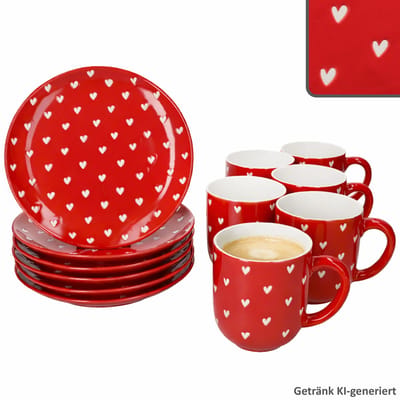 12-delig ontbijset LOVE (All over Hart) rood met witte harten voor 6 personen van porselein – 24310119 & 24310135