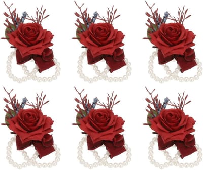 6 Stuks Rode Polscorsage voor Bruiloft, Feest en Prom - Kunstbloem Armbanden