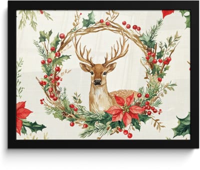 Poster in lijst - Fotolijst 40x30 cm - Posters - Kerstkrans - Hert - Hulst - Rood - Posterlijst zwart - Decoratie - Wanddecoratie woonkamer - Muurdecoratie slaapkamer - Kerstversiering - Kerstdecoratie voor binnen - Kerstmis