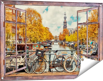 Gards Tuinposter Doorkijk Amsterdamse Brug bij een Brug met Fietsen - 90x60 cm - Tuindoek - Tuindecoratie - Wanddecoratie buiten - Tuinschilderij