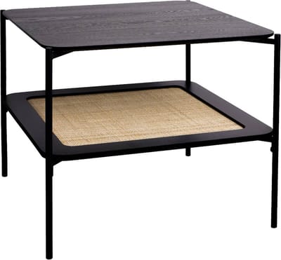 sweeek - Vierkante vintage salontafel met dubbele bladen in houtlook en vlechtwerk, voet en structuur in zwart metaal