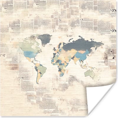 Poster 30x30 cm - Wereldkaart - Kleuren - Krantenpapier - Posters - Kamer decoratie - Wanddecoratie woonkamer - Muurdecoratie slaapkamer
