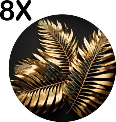 Luxe Ronde Placemat - Gouden Veren op een Donker Ondergrond - Set van 8 Placemats - 50x50 cm - 2 mm dik Vinyl - Anti Slip - Afneembaar
