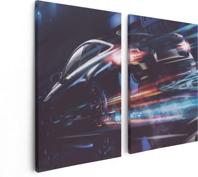 Artaza Canvas Schilderij Tweeluik Zwarte Raceauto - Abstract - 80x60 - Foto Op Canvas - Canvas Print