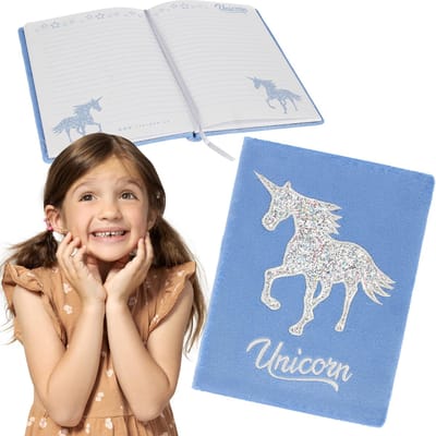 Pluchen Dagboek/Notitieboek Blauw Eenhoorn Gelinieerd A5