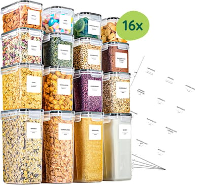 Voorraadbussen met 192-delige Sticker set - Voorraadpotten Kunststof - Vershoudbakjes 16 stuks
